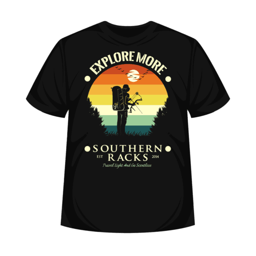 the back of a black t-shirt with a screen printed circular silhouette of a bow hunter watching a sunset with ducks flying with Southern Racks, est 2014, and the words "Travel Light And Go Scentless" printed underneath the image